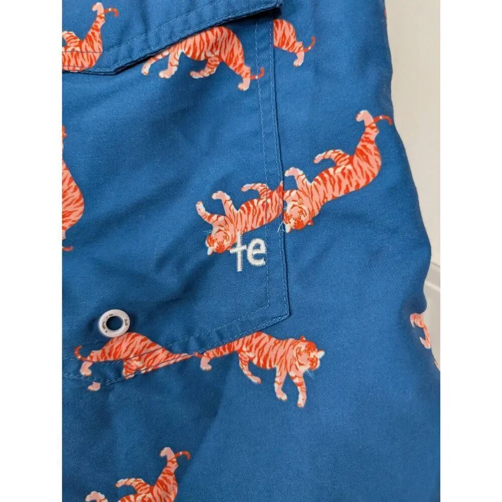 Tipsy Elves Tiger Swim Trunks men's large blue orange short Pull on novelty